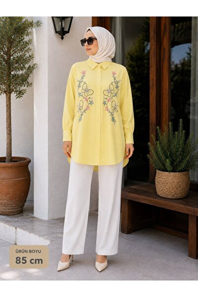 morlifefashion MOR LİFE FASHİON KADIN ÇİÇEK NAKIŞLI ÇİLEK KUMAŞ GÖMLEK