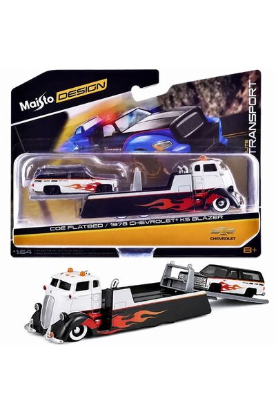Maisto Set de transport Design Elite, camion cu platformă Coe și mașină Chevr...