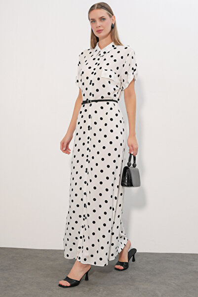 Bigdart 1661 Women's Polka Dot Long Belted Dress - White