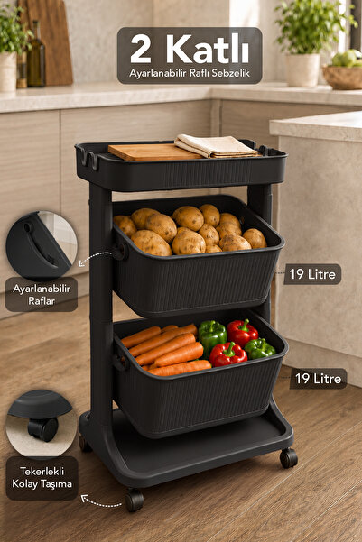 Meleni Home Ayarlanabilir Mutfak Organizer - 2 Katlı Raflı Tekerlekli Patates...