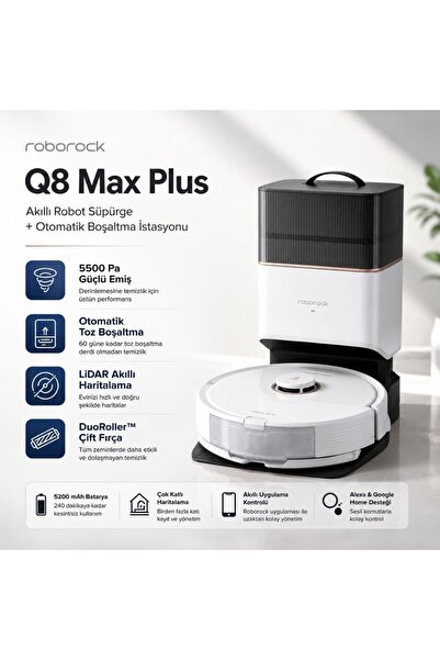 Roborock Q8 Max Plus Çöp Istasyonlu 5500PA Emiş Güçü Akıllı Robot Süpürge - B...