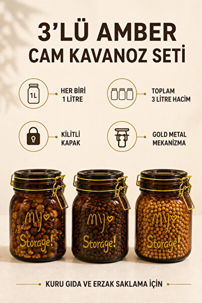 AC AMİSOS 3’lü 1 Litre Amber Cam Kilitli Kapaklı Erzak Kavanozu Seti