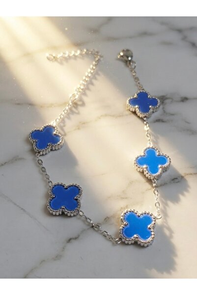 Meneva Aksesuar Blue Enameled 5-Leaf Clover Silver Color Chain Stainless Stee...