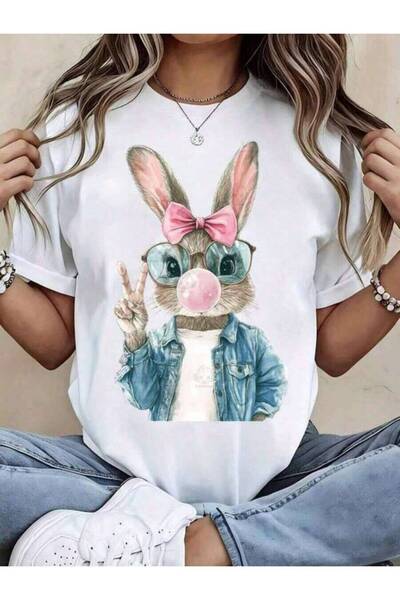 23ERVA 1-Piece Unisex Printed T-Shirt Top, Easter Bunny With Pink Bow And Sun...