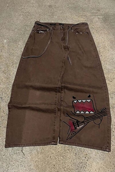Karakedi Domo-Kun Y2K Unisex Παντελόνι με Λεπτομέρεια στην Πίσω Τσέπη και Φαρ...