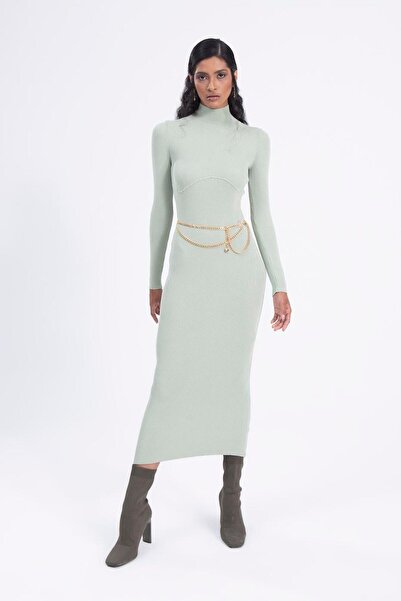 Moda Days Women's Green High Neck Ribbed Knit Pencil Midi Long Sleeve Dress