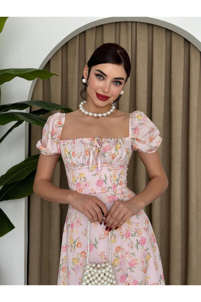 Moda Days Women's Pink Midi Dress Square Neck Balloon Sleeves Floral Pattern ...