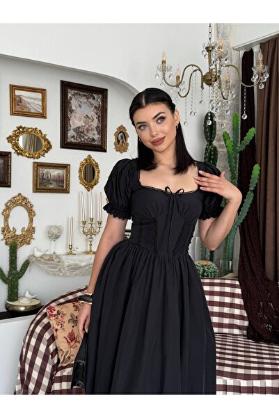 Clothes Fast Women's Black Midi Dress Square Neck Balloon Sleeves Bow and Lac...