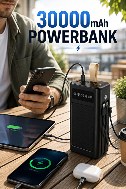 Merwish 30000mAh Solar Powerbank 22.5W Hızlı Şarj, 4x USB-A Dahili Type-C & Lightning Kablo, LCD Dijital Ekran, Yüksek Kapasiteli Taşınabilir Şarj Cihazı