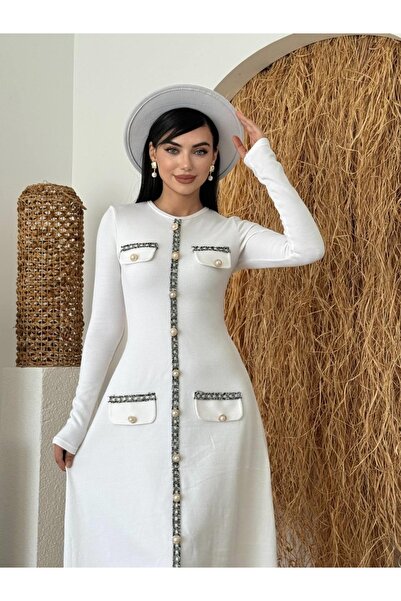 Moda Days فستان نسائي أبيض متوسط الطول بياقة دائرية وأكمام طويلة مع تفاصيل غط...