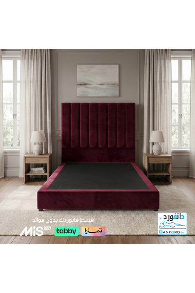 DANFORD BD سرير مفرد مودرن منجد 90×200 سم أحمر بظهر مخطط لغرف الأطفال والشباب
