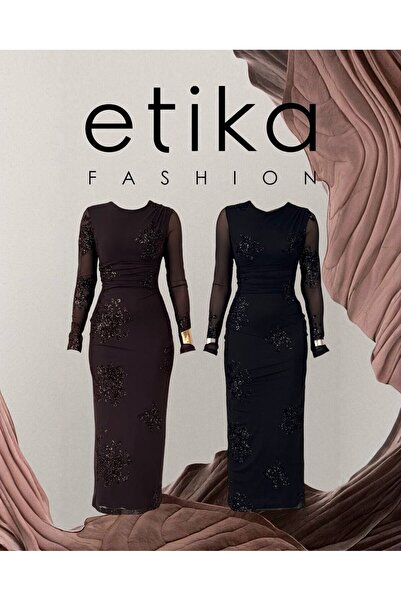 Clothes Fast Γυναικείο καφέ μίντι φόρεμα με ντραπέ μέση, κεντημένο με παγιέτε...