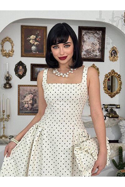 Clothes Fast Rochie midi de damă, ecru, cu buline, cu bretele, cu decolteu pă...