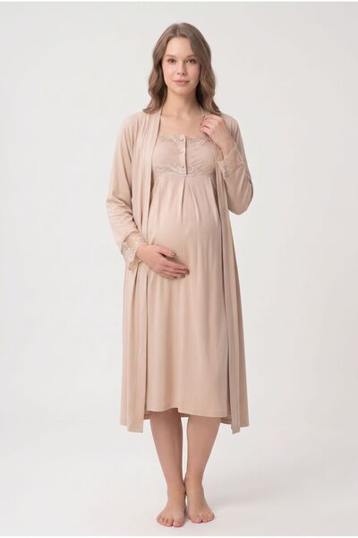 Pelin Women's Beige Lace Detailed Maternity Nightgown Set with Nursing Detail...