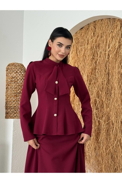 Clothes Fast Women's Burgundy Skirt Suit with Stand Collar, Scarf Detail, But...