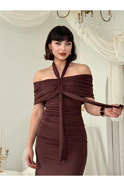 Moda Days Rochie midi maro pentru femei, cu decolteu fără bretele, cu drapaj,...