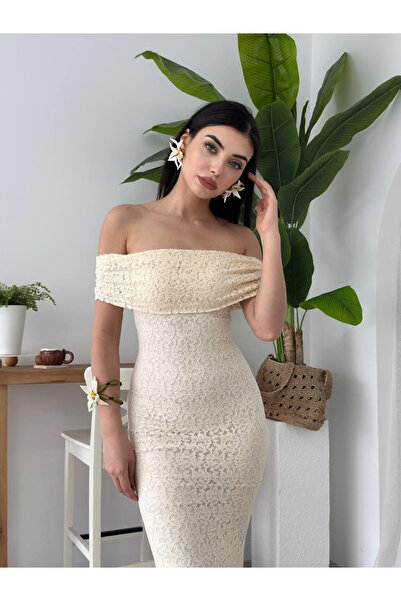 Clothes Fast Rochie ecru pentru femei, fără bretele, cu detaliu din dantelă, ...