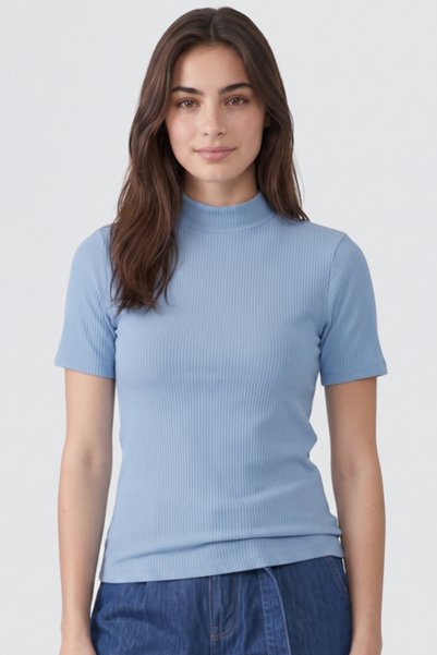 R&B Ribbed Top with Mock Neck and Short Sleeves