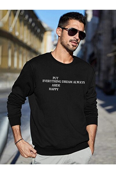 JENOLAN Men's Put Everything Printed Black Crew Neck Oversize Sweatshirt