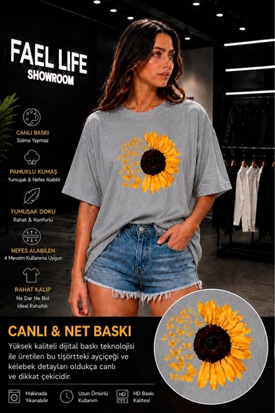FAEL LİFE Unisex Wide Cut T-Shirt with Sunflower and Daisy Print