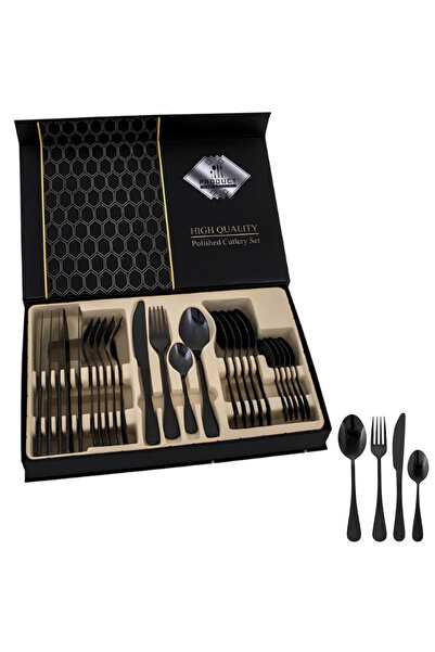 OEM Set elegant de tacâmuri din oțel inoxidabil negru, 24 de piese pentru 6 p...