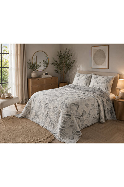 ANT1-GEMOMETRİK DESEN 5 KAT DOLGULU MÜSLİN YATAK ÖRTÜSÜ 220X240cm ORGANİK PAMUK-ÇİFT TARAFLI