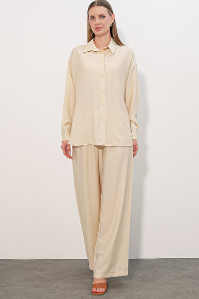 Bigdart Women's Textured Shirt and Trousers Two-Piece Set 6710 - Ecru