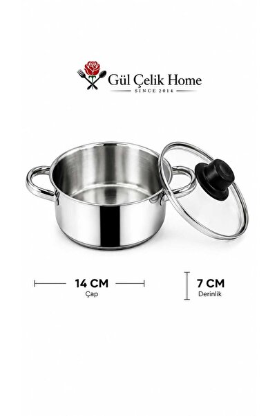 Gül Mutfak Mini Stainless Steel Pot with Glass Lid Height 7cm Width 14 cm
