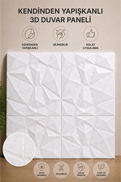 UKAB DEKOR Kendinden Yapışkanlı 3D Geometrik Duvar Paneli Beyaz Dekoratif Duv...