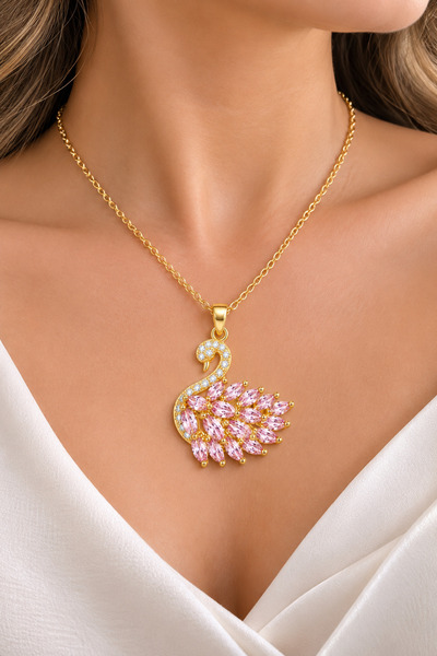 SY AKSESUAR Steel Pink Stone Swan Necklace – Gold Color Tarnish-Resistant Wom...