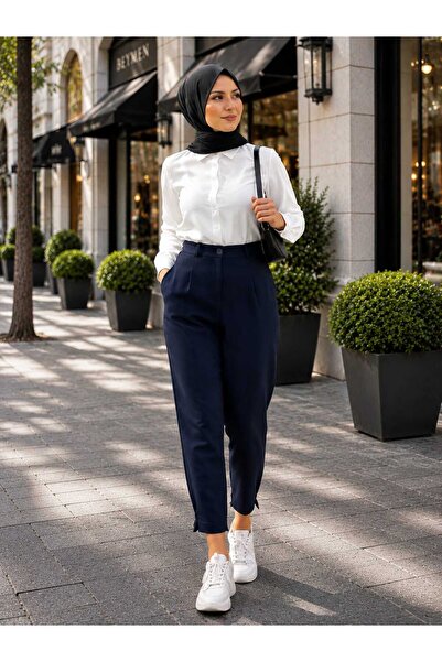 Puane Women's Zra Model Cuffed Button Detailed Ankle Length High Waist Trousers