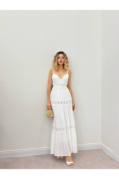 Clothes Fast Women's White Maxi Length Thin Strap V-Neck Layered Dress with L...