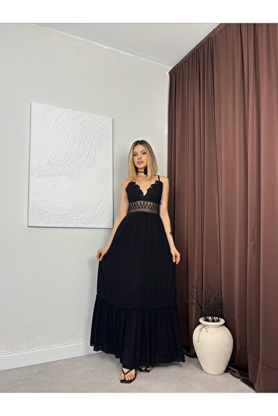 Moda Days Women's Black Strappy V-Neck Lace Detailed Waist Embroidered Flared...