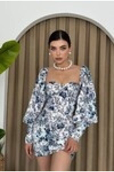 Clothes Fast Women's Blue White Mini Dress Floral Patterned Heart Collar Ball...
