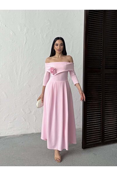 Moda Days Women's Pink - Pink Boat Neck Floral Appliqué Detailed Waist Fitted...