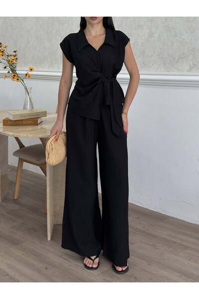 Clothes Fast Γυναικείο ΜΑΥΡΟ - ΜΑΥΡΟ Σετ με Μπλούζα με Γιακά, Ζώνη και Αμάνικ...
