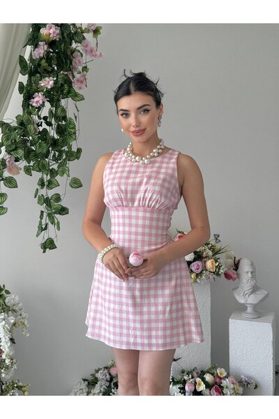 Moda Days Women's Pink Mini Dress with Plaid Pattern, Sleeveless, Tie Detail,...