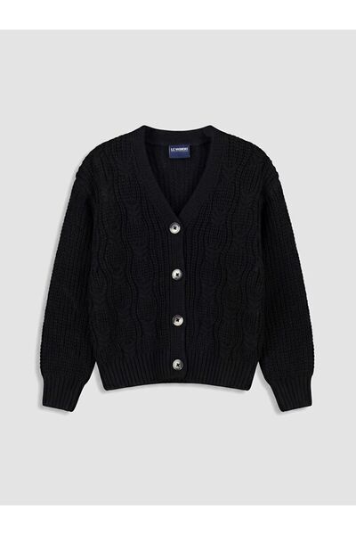 LC Waikiki Black V-Neck Girl's Knitwear Cardigan
