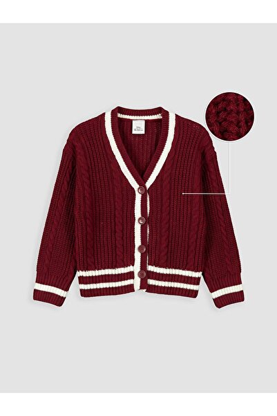 LC Waikiki Burgundy V-Neck Striped Girls' Knitwear Cardigan