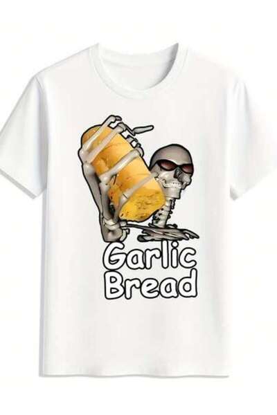 LİNA06 Men's Black "GARlic BREAD" Skeleton Funny Round Neck Breathable Summer...