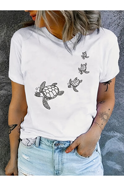 128 Women's Stylish Turtle Print T-Shirt Comfortable Fashion Casual Short Sle...