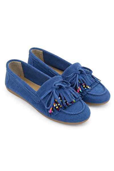 İX Süspüs Genuine Leather Suede Beaded Tassel Detailed Loafer Shoes