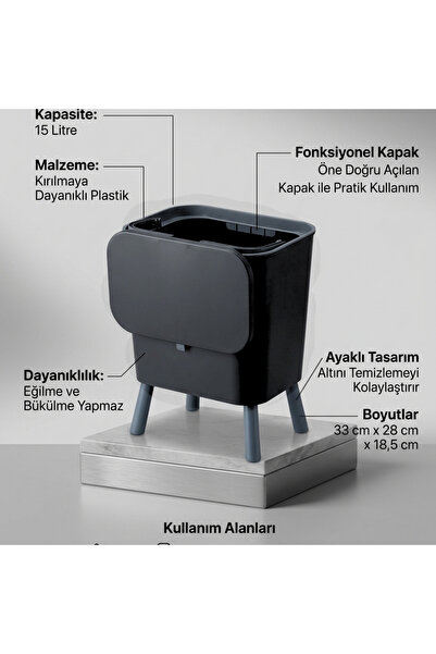 Ar Armese Siyah Çöp Kovası Ayaklı Fonksiyonel Kapaklı Şık Banyo Ve Mutfak Çöp...