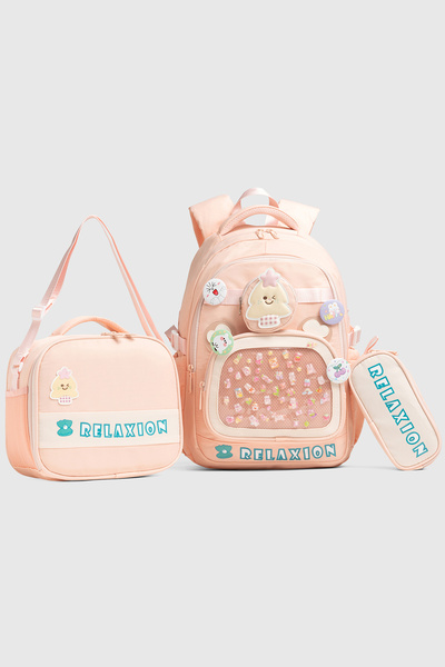 By Hakan 1815 Triple Set Primary School Bag with Pen Holder and Lunch Bag Pink