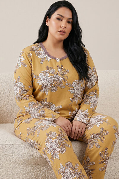 Siyah İnci Mustard Patterned Buttoned Cotton Lycra Large Size Oversized Knitt...