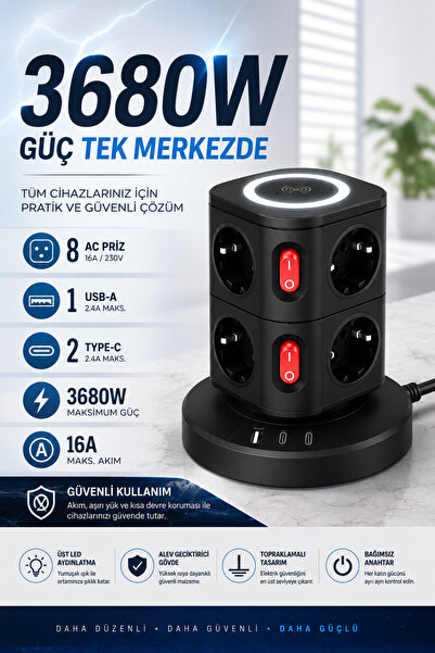 Merwish Akım Korumalı Kule Priz, 3680W 16A, 8 Topraklamalı AC Priz, 1 USB-A, 2 Type-C, Üst LED Aydınlatmalı Masaüstü Çoklu Priz