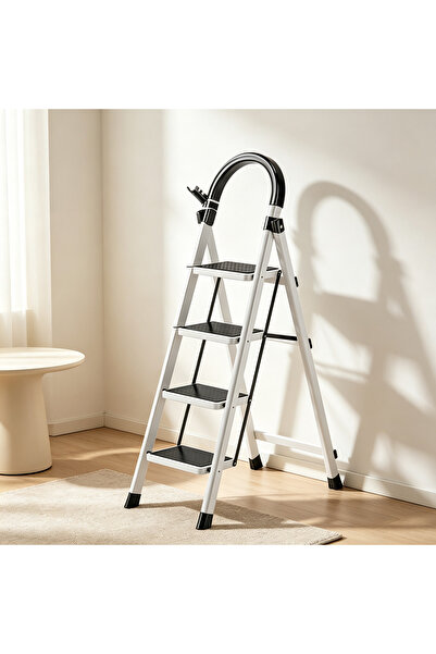 BESTONE Foldable White 4 Step Ladder Aluminum Alloy Sturdy Rustproof Step Sto...