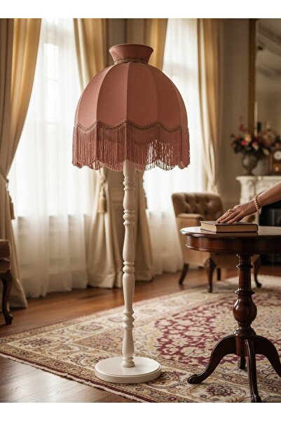 Dekovien Pembe Kadife Başlık Beyaz Ahşap Ayaklı Taçlı Lambader Vintage Model ...