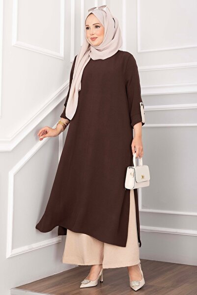 EBRUTESETTÜR Slit Detailed Long Tunic Trousers Set Brown