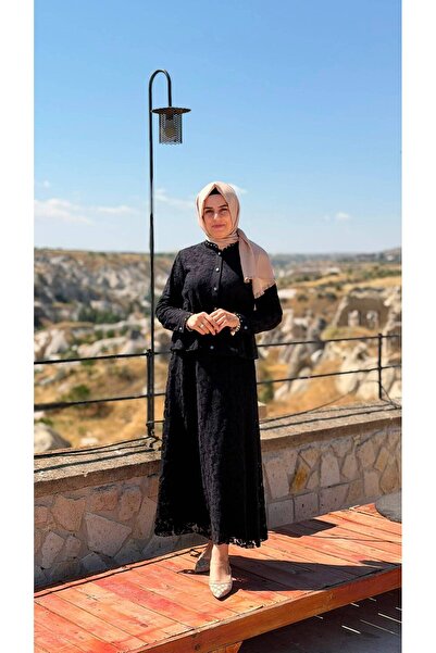 Kadın Tesettür Dantel Desenli Etekli İkili Takım